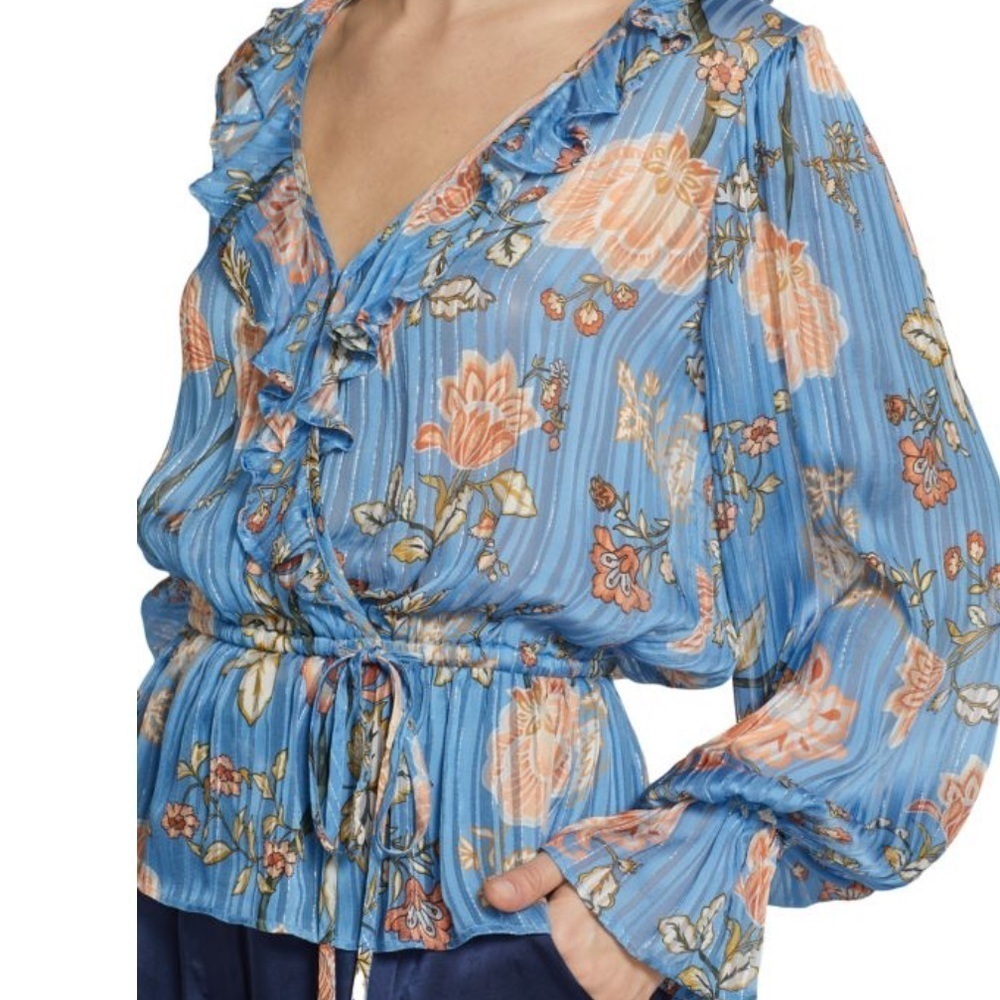 Ramy Brook Veronica Wrap Front Blouse Blue Metallic Ruffle Floral Ocean Combo